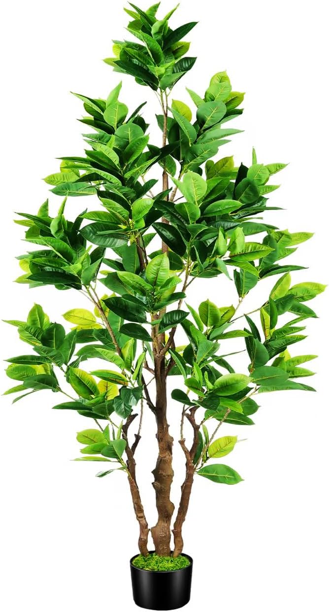 7.2ft Artificial Rubber Tree (85in) with Plastic Nursery Pot Fake Tree, Faux Ficus Plant for Office House Farmhouse Living Room Home Decor (Indoor/Outdoor)