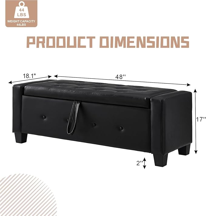48“ Storage Ottoman Bench, Upholstered Button-Tufted End of Bed Bench with Soft-Close Hinge & Solid Wood Legs, Foot Rest for Living Room, Bedroom, Hallway (Faux Leather, Black)