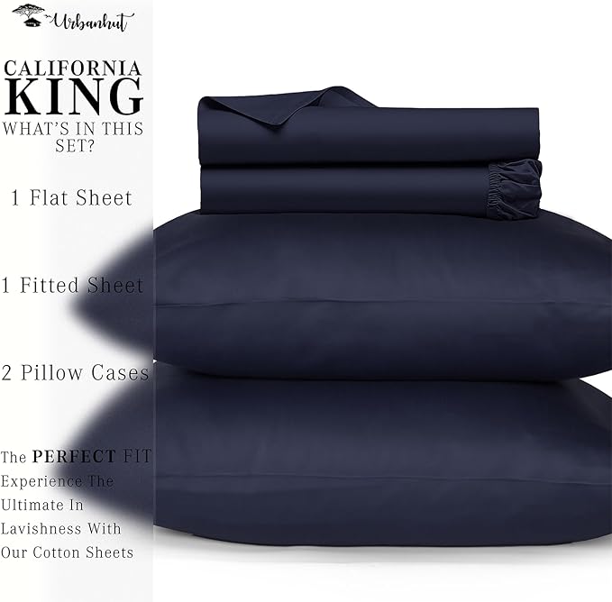 URBANHUT 800 Thread Count 100% Cotton California King Size Sheets, Luxury 4 Piece Cal King Bedsheets, Hotel Sheets Sateen Finish - Better Than Egyptian, 16" Elasticized Deep Pocket - Navy Blue