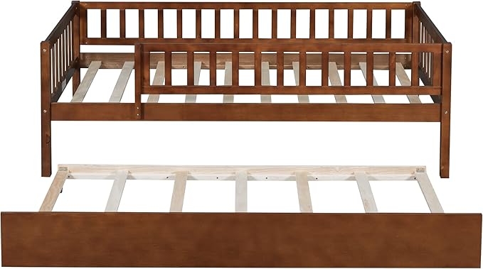 Bellemave Twin Bed Frames with Rails for Kids, Twin daybed Frame with Trundle for Boys/Girls/Adults， Walnut