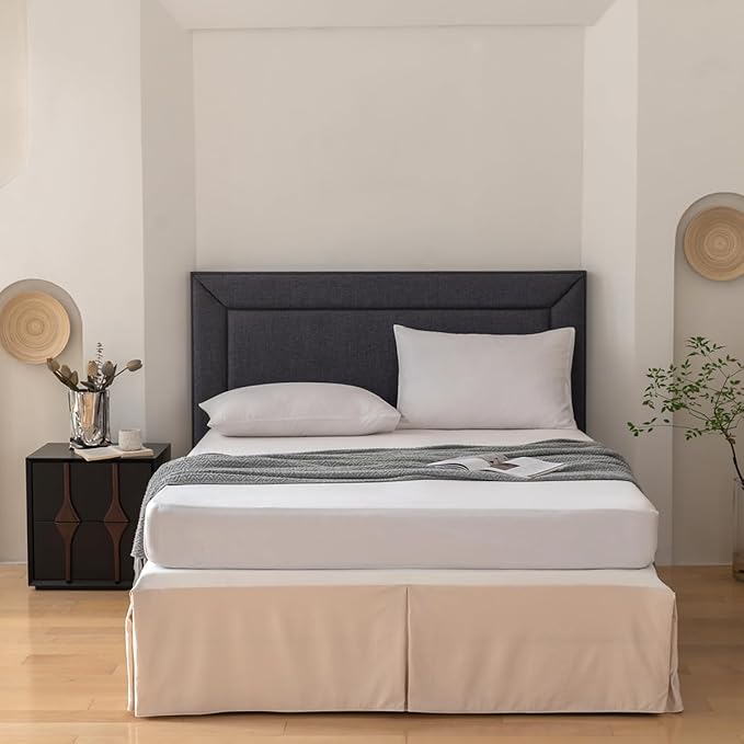 Queen Bed Skirt, Grid Plaid Soft Quadruple Pleated Ruffle Bed Skirt, Tailored Dust Ruffle 16 Inch Drop Easy Fit, Machine Washable (Beige)