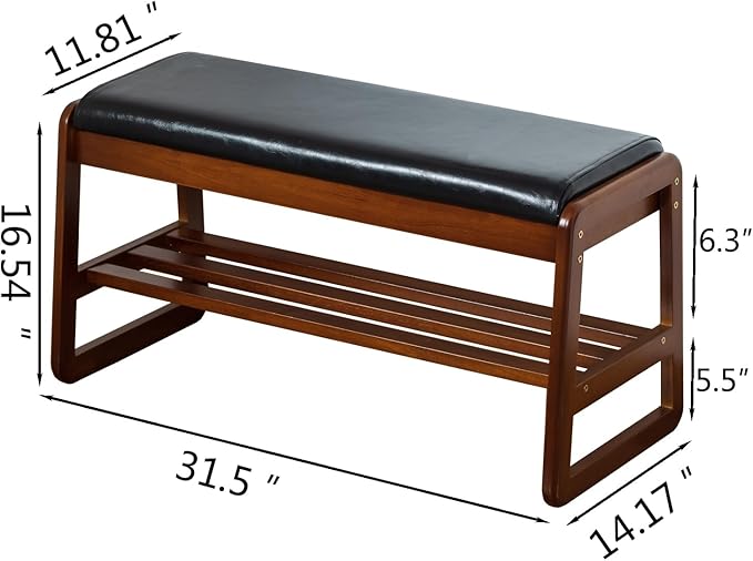 Solid Wood Shoe Bench, 2-Tier Entryway Bench with Cushion and Flip-Open Storage Box, Mid-Century Modern Shoe Bench Rack for Hallway, Mudroom(Black, 31.5'')