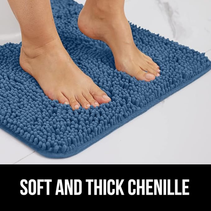 GORILLA GRIP Bath Rug Mat, Thick Soft Absorbent Chenille, Quick Dry Microfiber Mats, Rubber Backing Washable Shower Floor Rugs, Bathmat Runner, US Designed Bathroom Home Decor Accessories 24x17, Blue