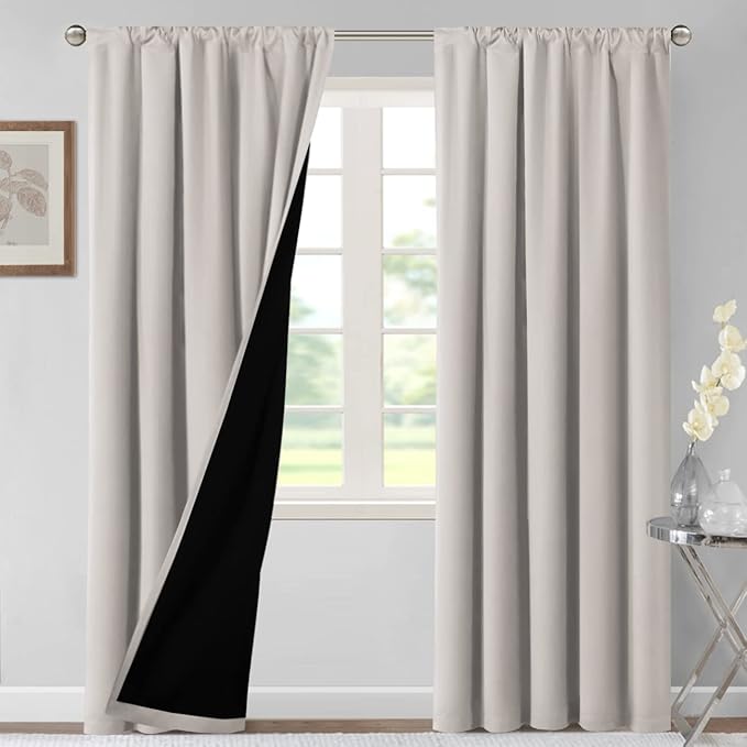 H.VERSAILTEX 100% Blackout Curtains for Bedroom Thermal Insulated Blackout Curtains 96 Inches Long Rod Pocket/Clip Rings Curtains for Living Room with Black Liner 2 Panels, Pumice Stone
