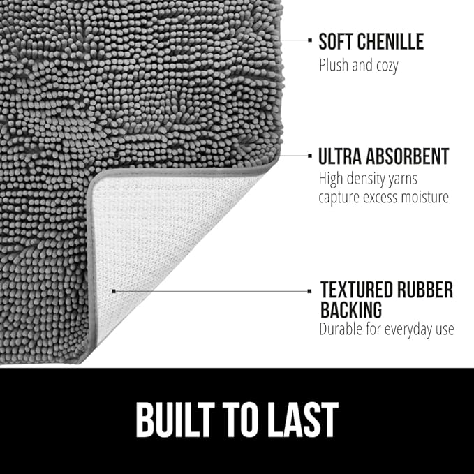 GORILLA GRIP Bath Rug Mat 30x20, Thick Soft Absorbent Chenille, Quick Dry Microfiber Mats, Rubber Backing Washable Shower Floor Rugs, Bathmat Runner, US Designed Bathroom Home Decor Accessories Grey