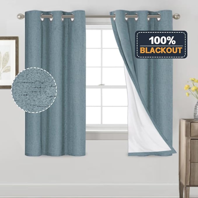 PrinceDeco 100% Black Out Curtains 64 inch Long 2 Panels Noise Reducing Curtains Full Room Darkening Linen Textured Window Drapes Thermal Insulated Panels for Living Room, 42 X 64 Inch, Stone Blue