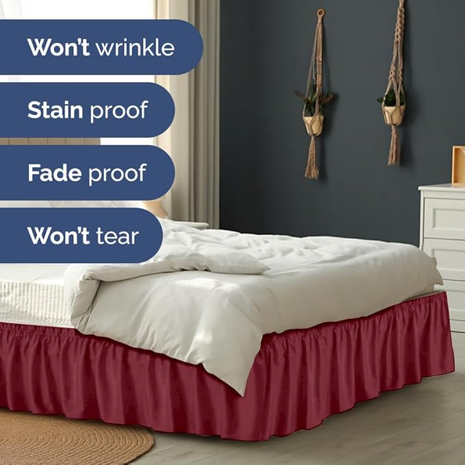 Wrap Around Dust Ruffle Bed Skirt - Burgundy - for Queen Size Beds with 18 Inch Drop - Elastic Strap - Adjustable Pleated Bedskirt with Brushed Fabric and Wrinkle Free - for Women, Men, Kids & Teens