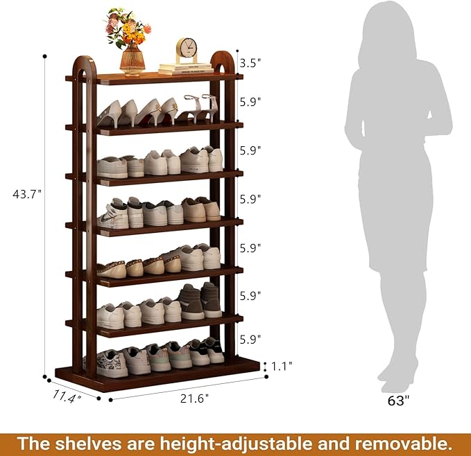 7 Tier Shoe Rack Solid Wood Shoe Organizer for Closet Free Standing Shoe Cabinet Shoe Storage Shelf for entryway, Closet and Doorway, Walnut