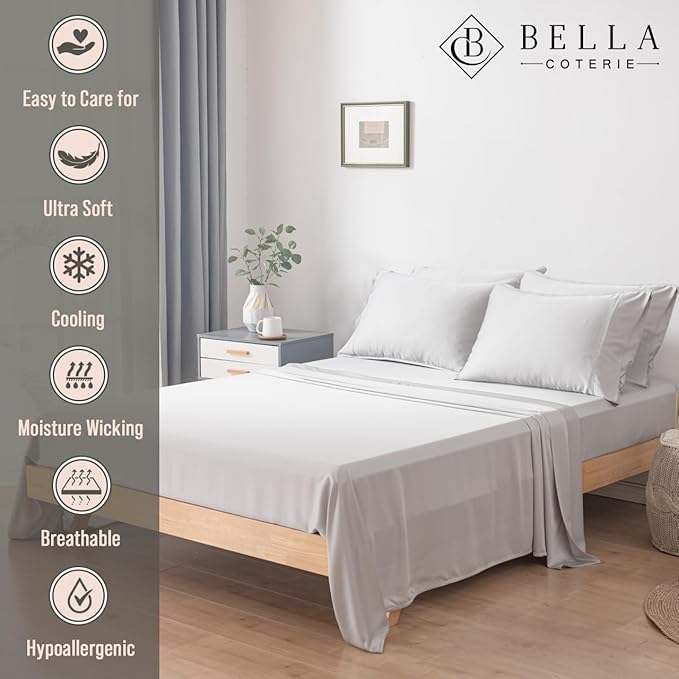 Bella Coterie 6 Piece Luxury Bamboo Viscose California King Size Sheet Set | 100% Organically Grown | Cooling for Hot Sleepers | 18" Deep Pocket | Soft & Hypoallergenic | 4 Pillowcases [Grey Mist]