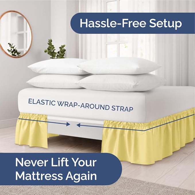 Wrap Around Dust Ruffle Bed Skirt - Yellow - Twin/Twin XL Size Beds with 18 Inch Drop - Easy Fit Elastic Strap - Adjustable Pleated Bedskirt w/Brushed Fabric - Wrinkle Free - Women, Men, Kids & Teens