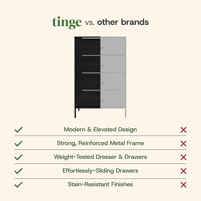 tinge Lira Premium Fabric Dresser - Solid Wooden Frame, 4 Spacious Sag-Proof Drawers with Sleek Metal Handles - Sleek & Durable Storage Solution for Your Home (Black)