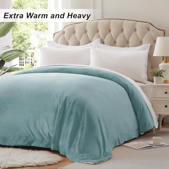 KAWAHOME Sherpa Fleece Queen Size Blanket for Bed - Extra Warm and Heavy Thick Blankets for Winter, Super Soft 500GSM Plush Blanket, 90"X 90" Spa Blue