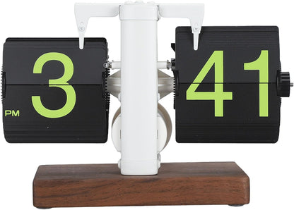 Flip Desk Clock, Retro Vintage Flip Desk Table Clock, Digital Clock Sided Large Numbers Mechanical Flip Clock Wood Base for Living Room, Study Room and Office（Frosted White）