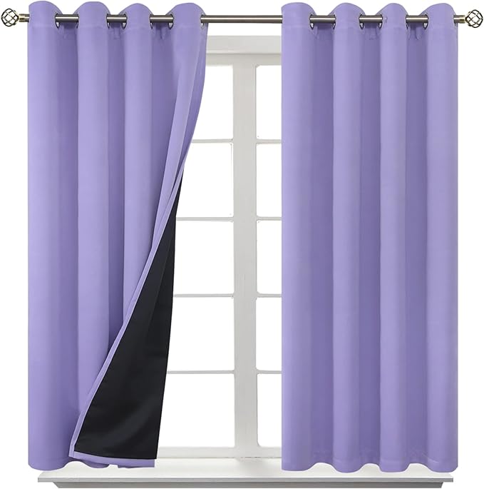 BGment Short 100% Blackout Curtains for Bedroom, Thermal Insulated Energy Efficiency Noise Reducing Grommet Curtains 45 Inch Length with Liner for Small Window 2 Panels Each 52 Inch Wide, Lavender