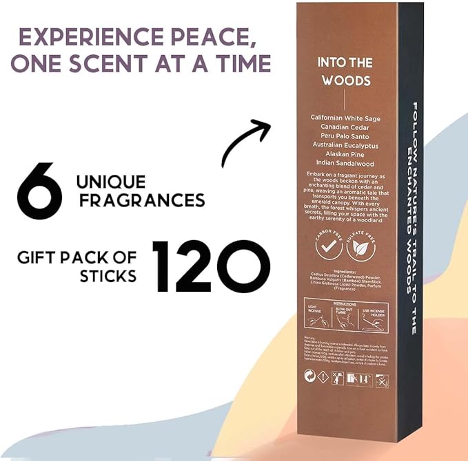 Folkulture Incense Sticks | Set of 6 (120) Insence-Sticks with 45 Mins Burn Time | Non Toxic Sandalwood, Eucalyptus, Cedar, Palo Santo | Organic White Sage Inscents