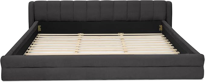 DEINPPA King Size Bed Frame with Cloud Soft Headboard, Chenille Upholstered Grounded Wood Base Bed Frame, No Box Spring Needed-Dark Grey