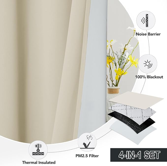 RYB HOME Dustproof Curtains for Large Window, Soundproof Thermal Insulated Blackout Curtains for Sliding Glass Door Furance Office Dorm Bedroom Living Room, Beige, W62 x L84 inch, 2 Panels