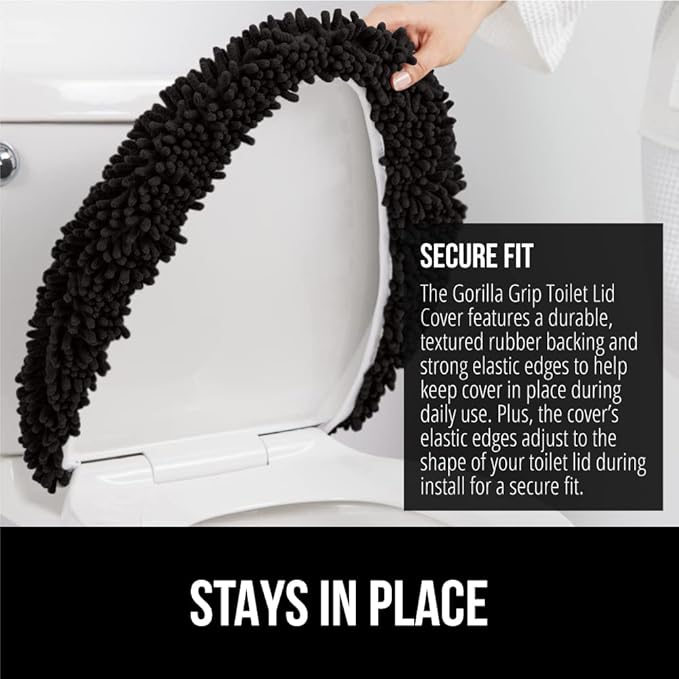 GORILLA GRIP Soft Chenille Bathroom Toilet Lid Cover, Machine Washable Seat Covers, 19.5x18.5, Stays in Place Rubber Backing, Fits Most Round, Elongated and Oblong Lids, Accessories Decor, Black