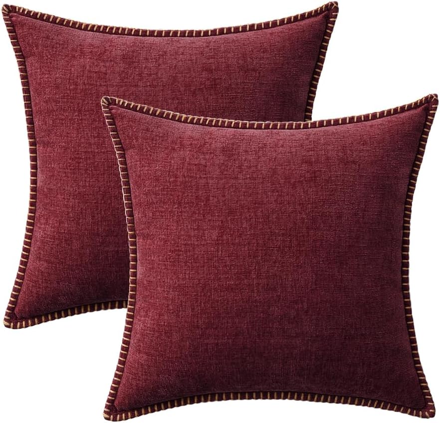MIULEE Pack of 2 Christmas Pillow Covers 18x18 Inch Burgundy Red Farmhouse Decorative Throw Pillow Covers with Stitched Edge Soft Chenille Solid Dyed Couch Pillow Covers for Sofa Bed Living Room