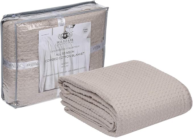 HILLFAIR 100% Combed Cotton Blanket– Queen Size Bed Blanket– Warm Soft All Season Breathable Lightweight Summer Blankets– Waffle Weave Home Decor Bed Blanket- Khaki Queen Bed Cotton Blankets/Bedcover