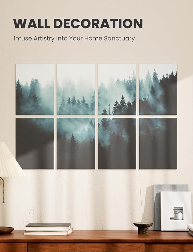 Wall Art Acoustic Panels,35''X24''Soundproof Wall Panels-8-Pack with 50 Adhesive Tabs, Panels for Living Room and Recording Studio, Offices-Foggy Nature Forest
