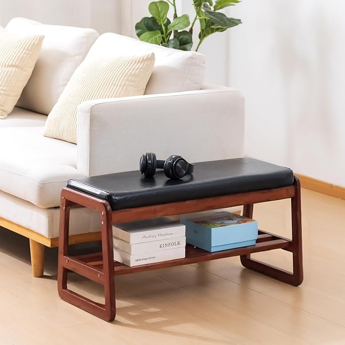 Solid Wood Shoe Bench, 2-Tier Wooden Entryway Bench, Modern Shoe Rack with Faux Leather Cushion for Hallway, Living Room (Black, 31.5'')