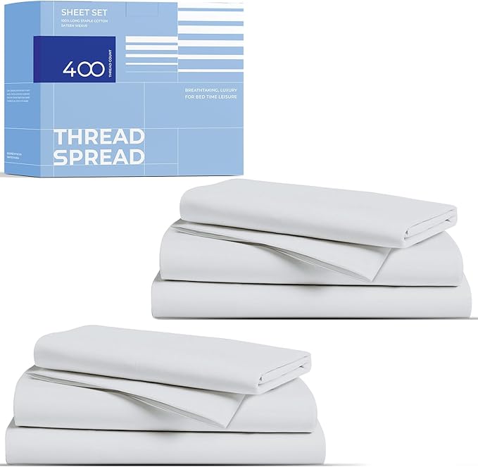 THREAD SPREAD 2-Pack Twin XL Sheet Sets Cotton - 400 Thread Count 100% Cotton Sateen Weave - Soft, Breathable, Hotel Quality Cooling Sheets, 2 Sets of Twin XL Size Deep Pocket Bed Sheets (Silver Grey)