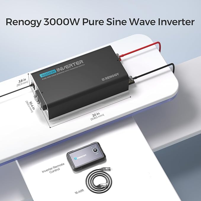 Renogy Inverter PUH 3000W, 12V to 110V Pure Sine Wave Power Inverter, Built-in Transfer Switch and Bluetooth, DC to AC Solar Converter for RV, Truck, Camping, Home, Emergency, Off-Grid Living