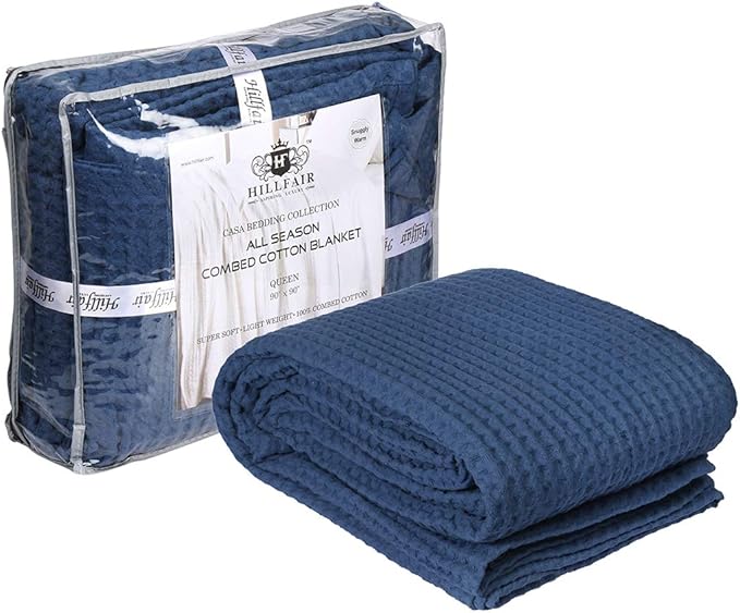 HILLFAIR 100% Combed Cotton Blanket–102x108 Inch California King Size Bed Blankets– Warm Soft All Season Breathable Blankets– Extra Large Oversized California King Blanket- Navy Blue Cotton Blankets