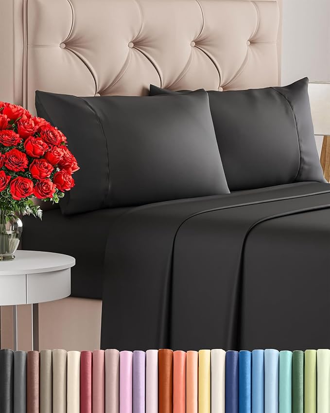 Twin XL 4 Piece Sheet Set - Cooling, Comfy & Breathable - Hotel Luxury Bedding, Includes Fitted Sheet for Women, Men, Kids and Teens - 1 Flat, 1 Fitted Sheet, 2 Pillowcases with Deep Pockets - Black