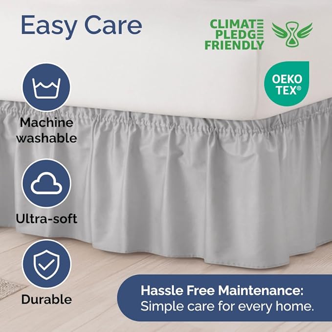 Wrap Around Dust Ruffle Bed Skirt - Light Grey - for Twin Size Beds w/ 16 Inch Drop - Easy Fit Elastic Strap - Adjustable Pleated Bedskirt with Brushed Fabric, Wrinkle Free Women, Men, Kids and Teens