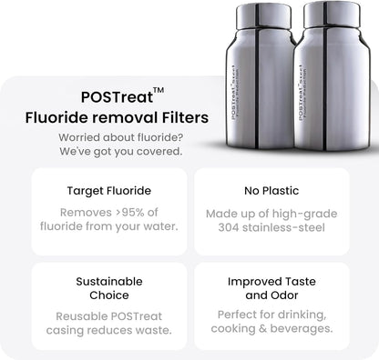 1.5 Gallons NSF Certified AISI 304 Stainless Steel Water Filter with 2 Smart Carbon (Black) Filters, 2 POSTreat Steel Fluoride Removal Elements & Free Stainless Steel Spigot