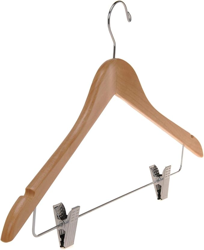 Quality Wooden Skirt Hangers with Clips, 20-Pack Semi Curved, Smooth Solid Wood Pants Hangers with Durable Adjustable Metal Clips, Swivel Hook, Coat, Jacket, Blouse Suit Hangers (Natural, 20)