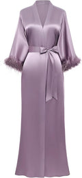 PRODESIGN Satin Kimono Robe Long Silky Bathrobe with Ostrich Feather Trim Sleepwear Wedding Bridesmaid Dressing Gown