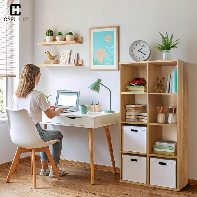 CAPHAUS Sturdy Room 11-Inch Cube Storage Organizer Shelf, with Thick Exterior Edge, Storage Shelf Divider w/Back, Bookcase, 8-Cube, Natural Oak