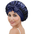 ZIMASILK 100% Mulberry Silk Bonnet for Sleeping Women Long Hair Double Layer Silk Hair Wrap with Tie Band Stay On Head (1Pc, Navy Blue)