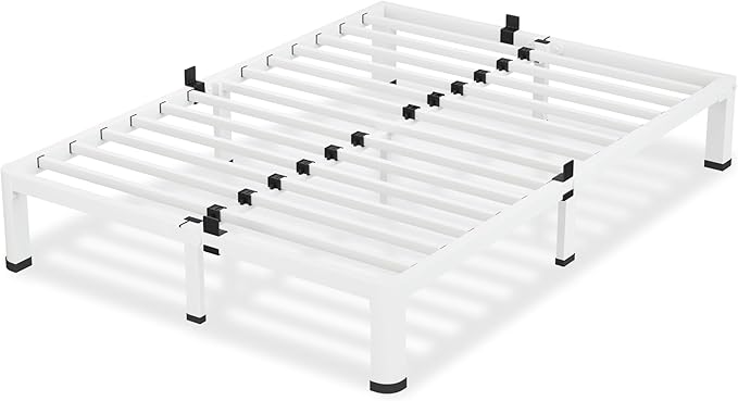 7 Inch White Queen Bed Frame, 3500Lbs Heavy Duty Metal Platform with Round Corner Legs Mattress Slide Stopper, Steel Slat Support No Box Spring Needed, Noise Free, Non-Slip, Easy Assembly
