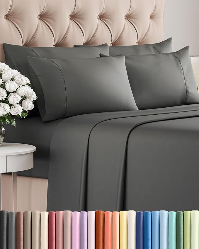Full 6 Piece Sheet Set - Cooling, Comfy & Breathable - Hotel Luxury Bedding, Includes Fitted Sheet for Women, Men, Kids and Teens - 1 Flat, 1 Fitted Sheet, 4 Pillowcases with Deep Pockets - Charcoal
