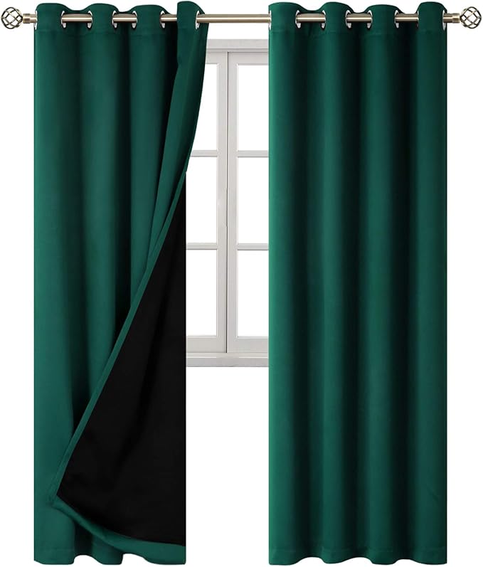 BGment Thermal Insulated 100% Blackout Curtains for Bedroom with Black Liner, Double Layer Full Room Darkening Noise Reducing Grommet Curtain (52 x 84 Inch, Emerald, 2 Panels)