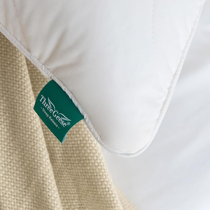 Three Geese White Goose Feather Down Pillows Standard Size, Cotton Pillows Set of 2-100% Cotton, Medium Firm,Soft Support