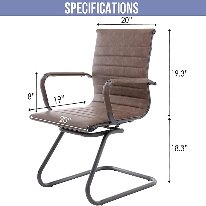 Wahson Office Guest Chairs Set of 2, Leather Reception Chairs, Mid Back Waiting Room Chair, Conference Chairs with Sled Base for Meeting/Lobby/Restroom, Brown
