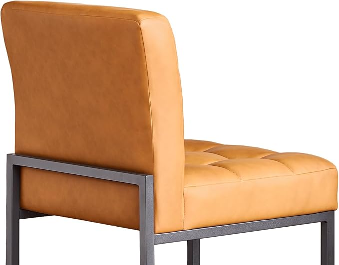 Brown Faux Leather Dining Chairs Set of 2, Mid-Century Modern Dining Room Chairs with Armless, Checkered Kitchen Chair with Metal Legs