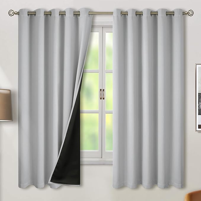 BGment Thermal Insulated 100% Blackout Curtains for Bedroom with Black Liner, Double Layer Full Room Darkening Noise Reducing Grommet Curtain (60 x 63 Inch, Light Grey, 2 Panels)