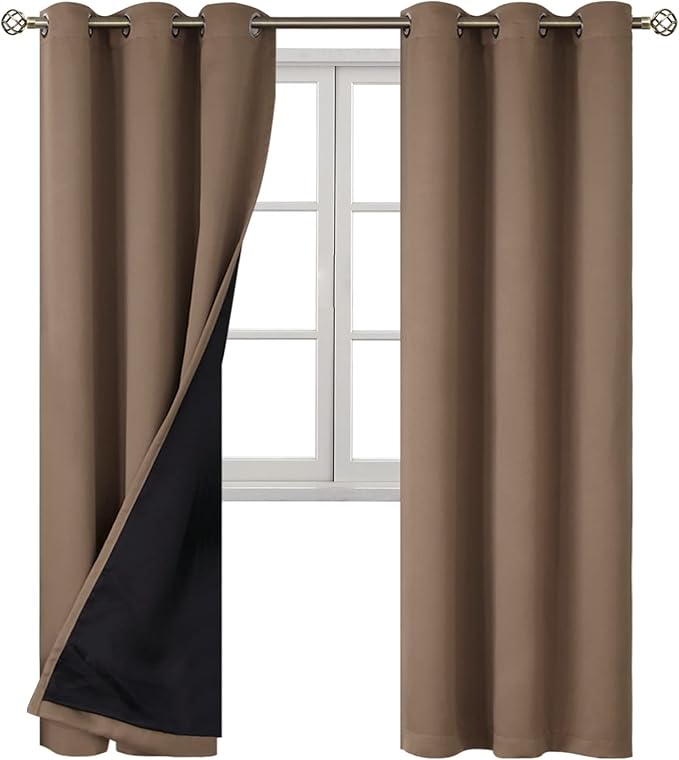 BGment Total Thermal Insulated 100% Blackout Curtains for Bedroom with Black Liner, Double Layer Full Room Darkening Noise Reducing Grommet Curtain (42 x 84 Inch, Taupe, 2 Panels)