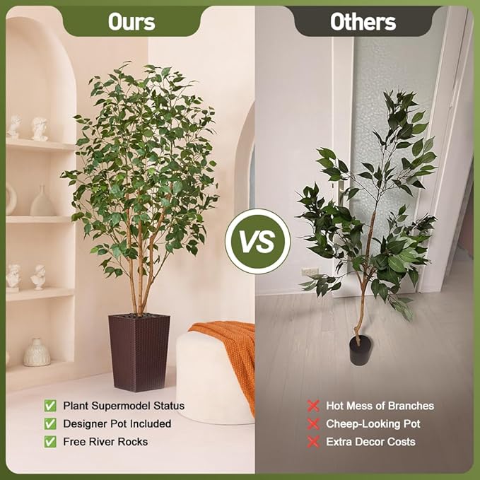 6ft Artificial Ficus Tree,Tall Faux Tree with Silk Leaves & Real Wood Trunk,UV Resistant Potted Fake Plant with Pebbles & Planter-Indoor Outdoor Floor Plant for Home Living Room,VN129