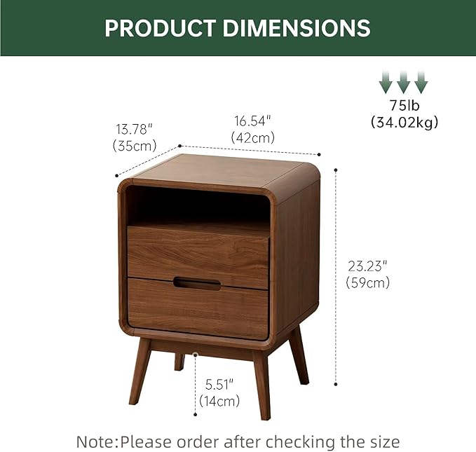 Walnut Nightstand Set of 2, Solid Wood Nightstand with Drawers & Open Storage Shelf, Mid Century Modern Nightstands, Wood End Table for Bedroom, (Dark Black Walnut, 23.23" H)