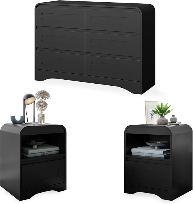 3 Piece Bedroom Set, Dresser and Nightstand Sets for Bedroom, Wood 6 Drawer Dresser & Night Stand Set of 2, Wide Chest of Drawers Modern Storage Cabinet Bedroom Furniture Set (Black)