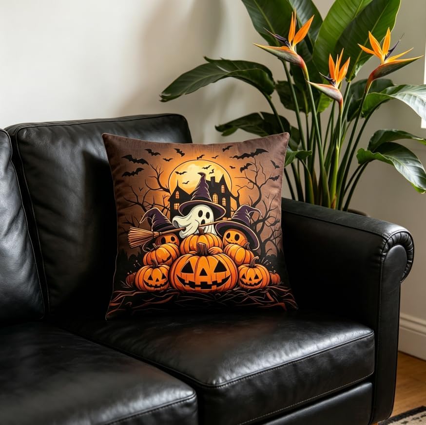 Halloween Throw Pillow Covers, 18x18 Inch, Ghost Pumpkin and Bat Design - Image 2