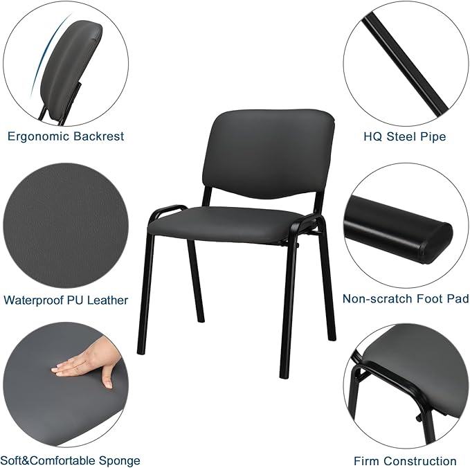 VINGLI Grey Waiting Room Chairs, 5-Pack PU Church Chairs Conference Stackable Office Guest & Reception Stacking for Meeting, Lobby, Simple&Space-Saving Pu-grey