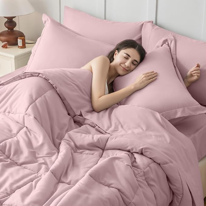 JOLLYVOGUE King Comforter Set, Ultra-Soft Bed in a Bag King Size 7 Pieces, Oeko-TEX Certified Bedding Set with Down Alternative Comforter, Sheets, Pillowcases & Shams, Camio Pink